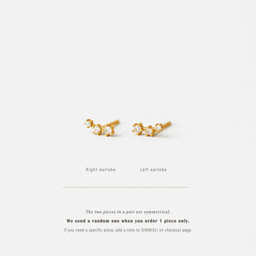 Tiny Triple Stones Climber Stud Earrings, White, Emerald, Turquoise, Sapphire, Black, Gold Silver SHEMISLI SS125, SS126, SS248, SS249, SS250