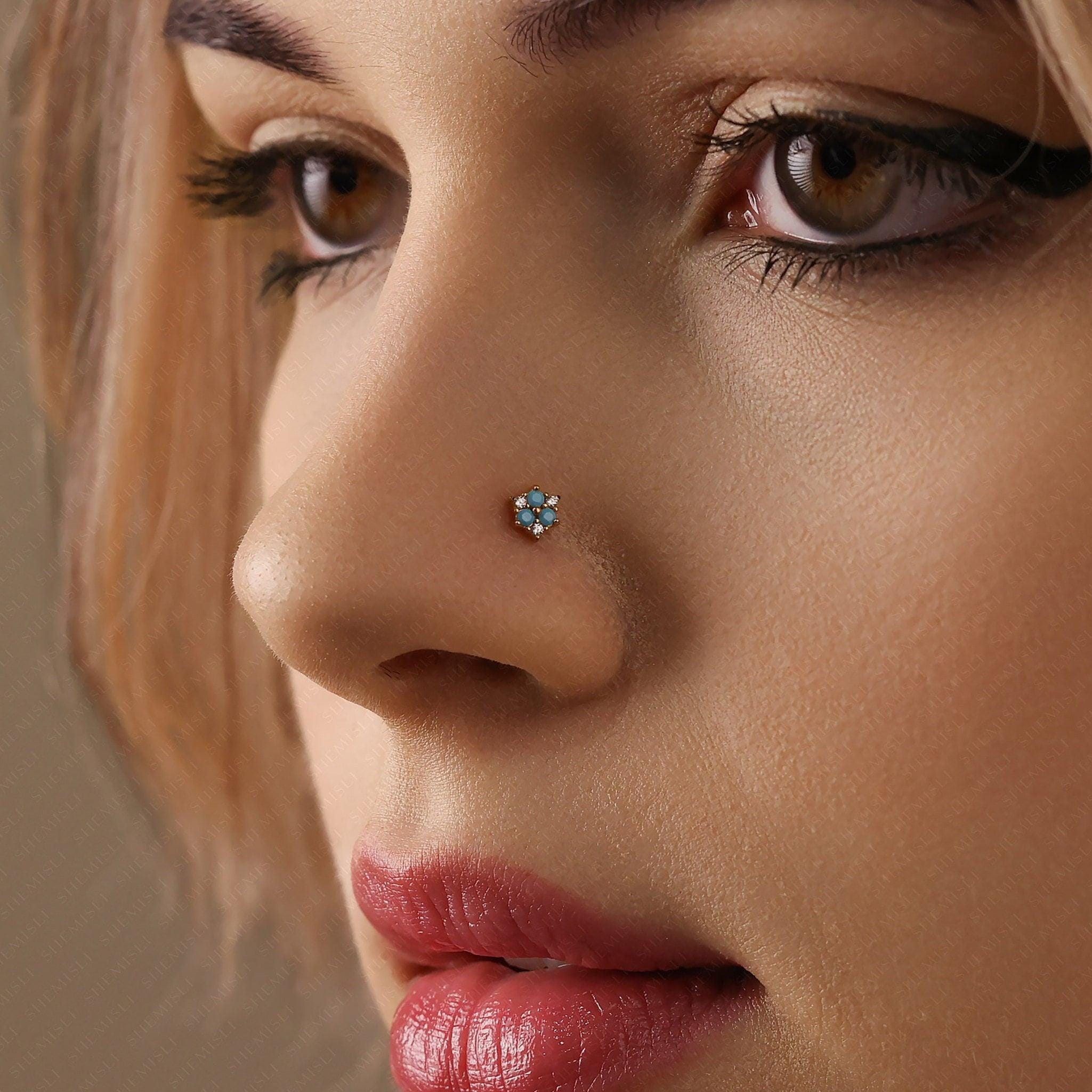 Tiny Turquoise Flower Threadless Flat Back Nose Stud, 20,18,16ga