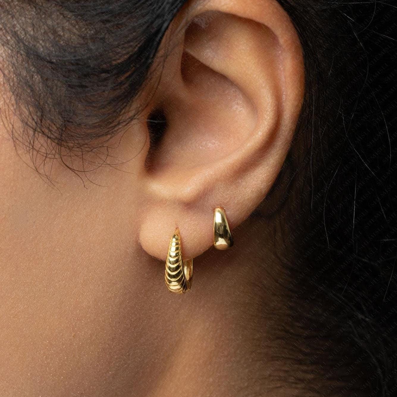 Everyday Tapered Hoop Huggies Earrings Stack Set, Croissant