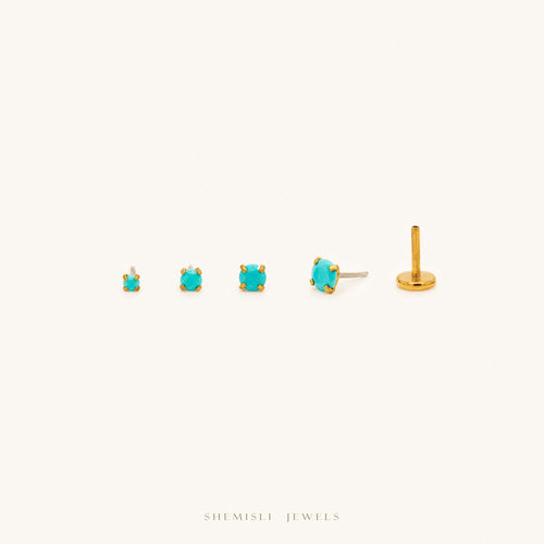 Tiny Turquoise Gold Threadless Flat Back Earrings, Nose Stud, December Birthstone, 20,18,16ga, 5-10mm Surgical Steel SS511 SS512 SS513 SS514