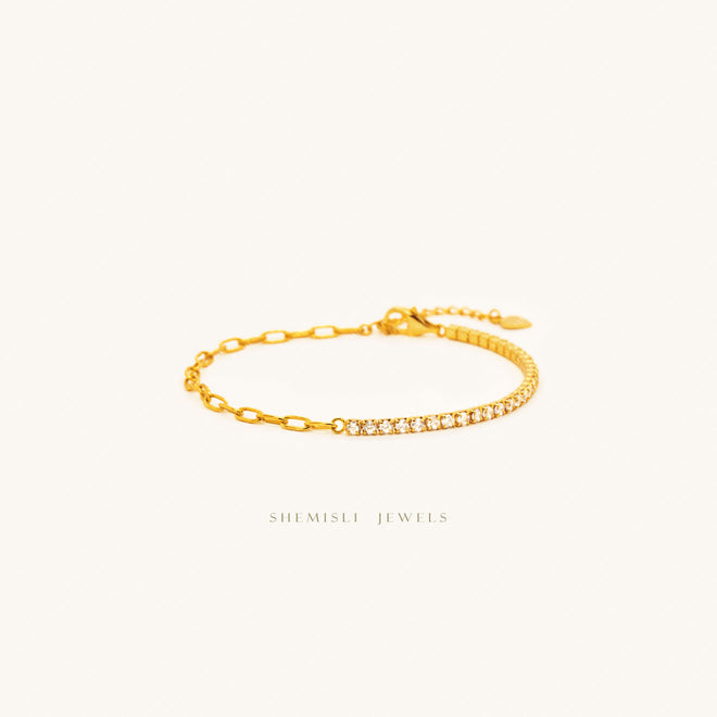 Tiny Paper Clip Chain and Gem Links Bracelet, Silver or Gold Plated (6.25" + 1.25") SHEMISLI - SB005