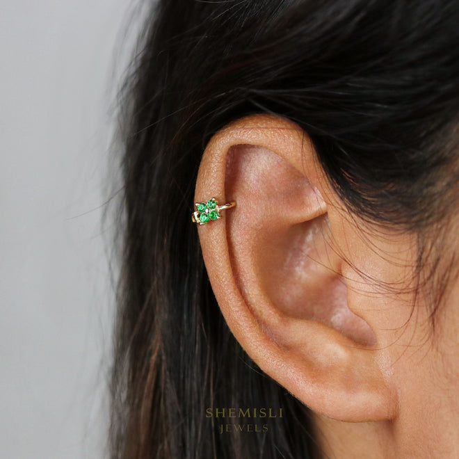 4 Leaf Clover Emerald CZ Helix Hoops, 6mm, 7mm, 8mm Gold, Silver SHEMISLI - SH198, SH503, SH504