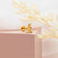 a pair of gold earrings sitting on top of a pink box