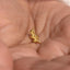 A close-up image of a person's hand holding a small gold-colored leaf-shaped earring.