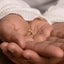 A close-up image of a person's hand holding a small gold-colored necklace with a star-shaped pendant.