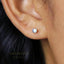 A close-up of a person's ear with a small, round earring featuring a blue gemstone.