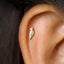 A gold-colored earring with a bird-like design is visible in the person's ear.