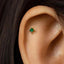 A close-up of a person's ear with a small green gemstone or earring in the earlobe.