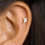 A close-up view of a person's ear, showing a small gold-colored earring with a dragon design.