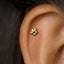 A close-up of a person's ear with a small gold-colored flower-shaped earring inserted into the earlobe.
