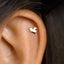 A small gold-colored stud is placed in the earlobe.