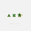 three gold earrings with green gemstones, arranged in a row against a white background.