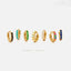 A collection of colorful earrings with gemstones, arranged in a row on a white background.
