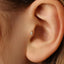 A close-up of a person's ear with a small gold earring in the earlobe.
