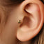 A close-up of a person's ear with a small gold earring featuring a ladybug design.