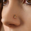 A close-up of a person's nose with a small gold-colored nose ring or stud attached to it.