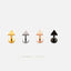 4 small triangle-shaped earrings in gold, silver, copper, and black, arranged in a row against a white background.