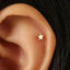 A close-up view of a person's ear with a small star-shaped earring inserted in the earlobe.
