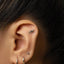 A person's ear with a small silver earring in the shape of a cat's head.