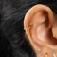 A close-up view of a person's ear adorned with multiple gold earrings, including a dangling earring with a chain and a small diamond accent.