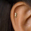 A gold-colored seahorse-shaped earring is visible in the person's ear.