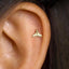 A gold-colored earring with a small fish-shaped charm is visible in the person's ear.