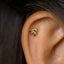 A gold-colored earring in the shape of a bee is visible in the image.
