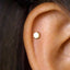 A close-up view of a person's ear, showing a small gold hexagonal stud in the earlobe.