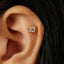 A gold earring with a small flower-like design is visible in the person's ear.