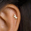 A small gold-colored unicorn earring is visible in the person's ear.