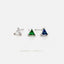 Three silver earrings with triangular gemstones are displayed against a white background.