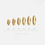 A collection of gold earrings with colorful gemstones, ranging from 6mm to 12mm in size, displayed in a row.