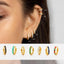 a close-up of a person's ear with several gold earrings, including hoop earrings and ear cuffs, as well as a collage of various earring designs.