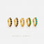 a collection of five gold earrings with colorful gemstones, arranged in a row against a white background.