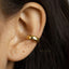 A close-up view of a person's ear with a gold-colored earring attached.