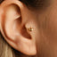 A gold-colored earring with a crown-shaped design is visible in the image.