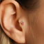 A close-up of a person's ear with a small, colorful earring in the earlobe.