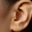 A close-up view of a person's ear, showing a gold-colored earring with a flower-like design.