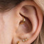 A close-up view of a person's ear adorned with multiple gold earrings, including a hoop earring and three small diamond earrings.