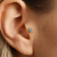 A close-up of a person's ear with a small turquoise-colored gemstone or earring inserted in the earlobe.