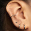 a close-up view of a person's ear adorned with multiple silver earrings, including a ring and two hoop earrings.