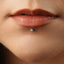 A close-up of a person's lips with a small turquoise stone in the middle of the lip.