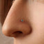 A close-up of a person's nose with a small, clear gemstone or piercing in it.