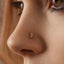 A close-up of a person's nose with a small, decorative nose ring featuring a crescent moon design.