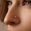 A close-up of a person's face, focusing on their nose and the gold-colored nose piercing.