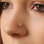 A close-up of a person's face, focusing on their nose and the gold-colored nose ring.