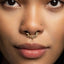 A close-up of a woman's face, focusing on her nose and lips. She is wearing a gold nose ring with spikes on it.