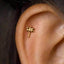 A close-up of a person's ear with a small gold-colored earring featuring a dragonfly design.