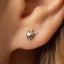 A small silver earring in the shape of a strawberry is visible in the person's ear.