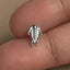 A small silver trilobite-shaped earring is being held between two fingers.